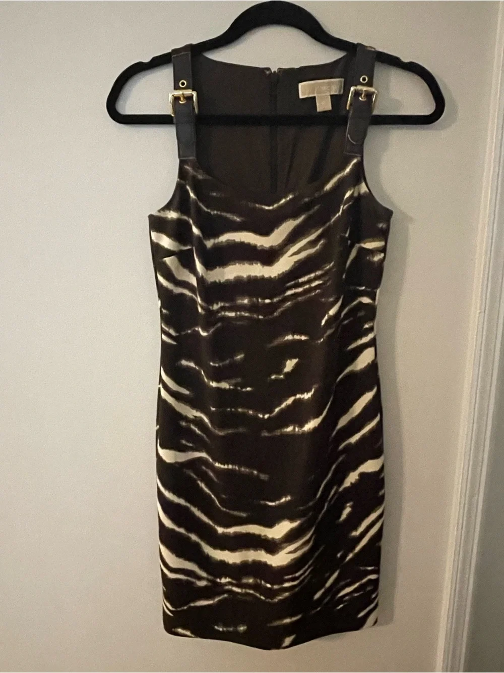 Michael Kors Brown and Cream Zebra-Print Mini Dress with Buckle Straps